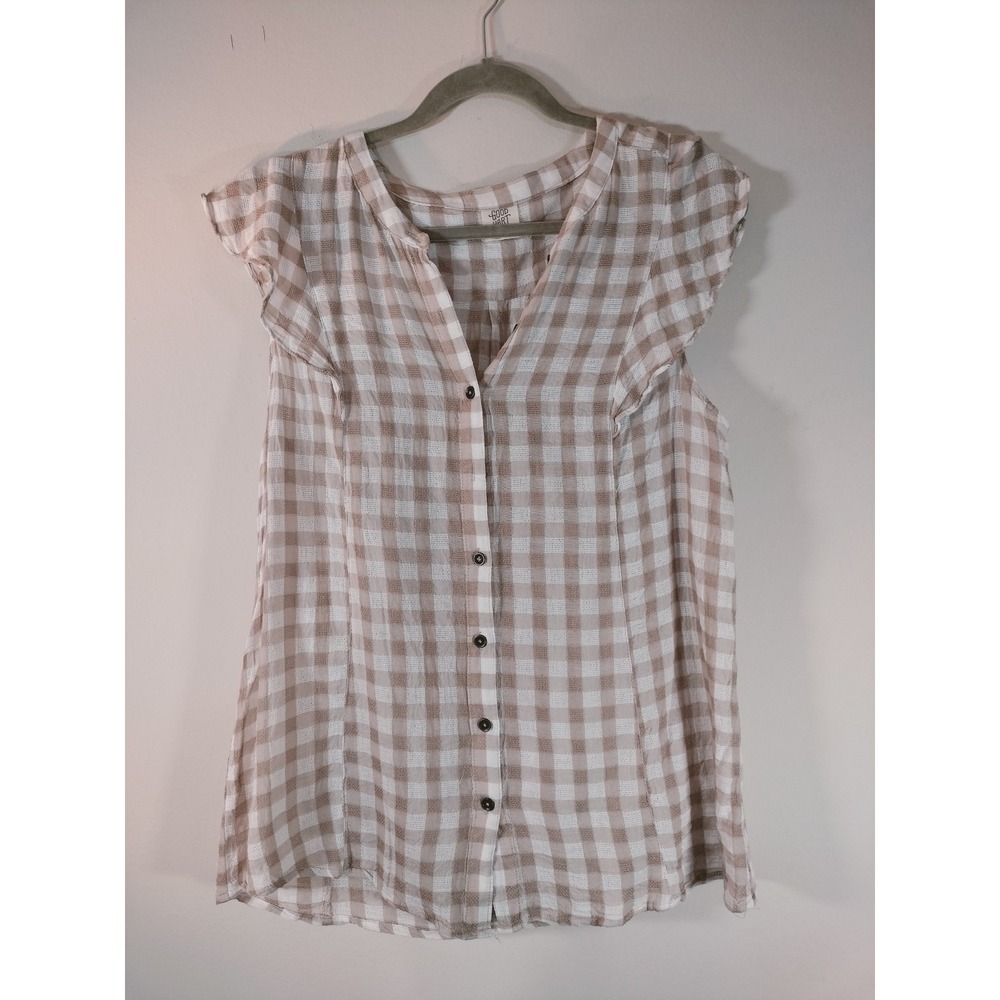 Good Hart Matilda Jane Tan Gingham Ruffle Cap Sleeve Button Front Blouse Large